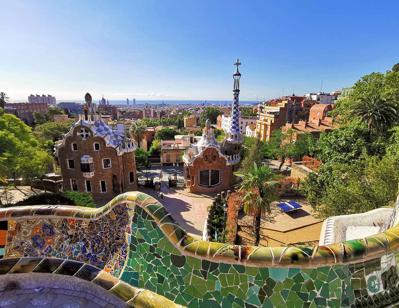 Park Güell mosaic terrace with Barcelona in the background