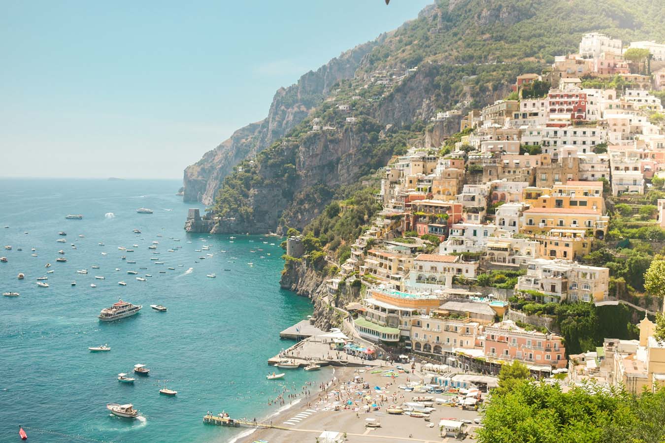 Positano village and coastline viewed from the sea, Campania, Italy