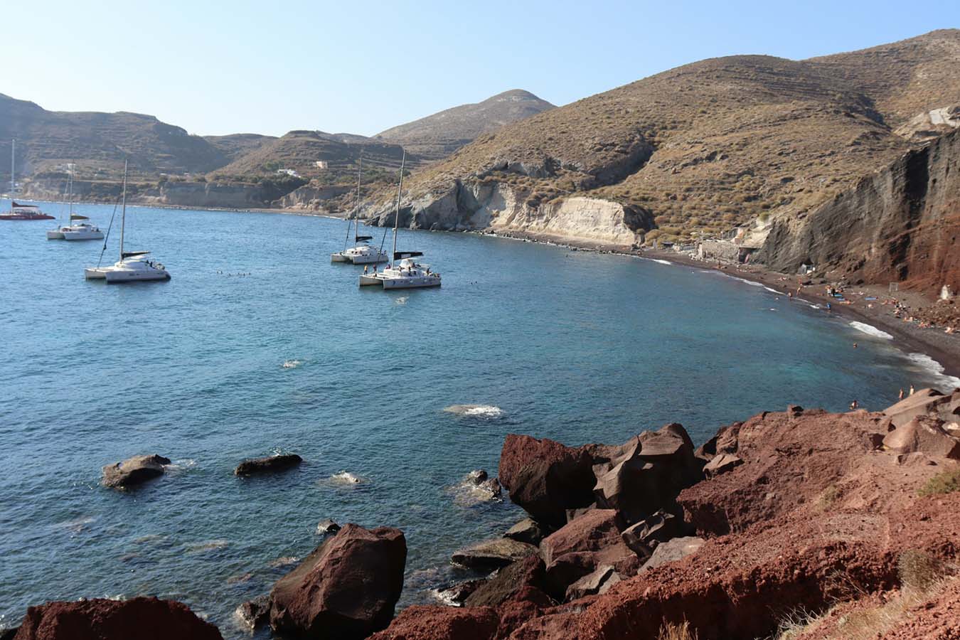Red Beach Santorini Greece with red volcanic cliffs and clear turquoise water