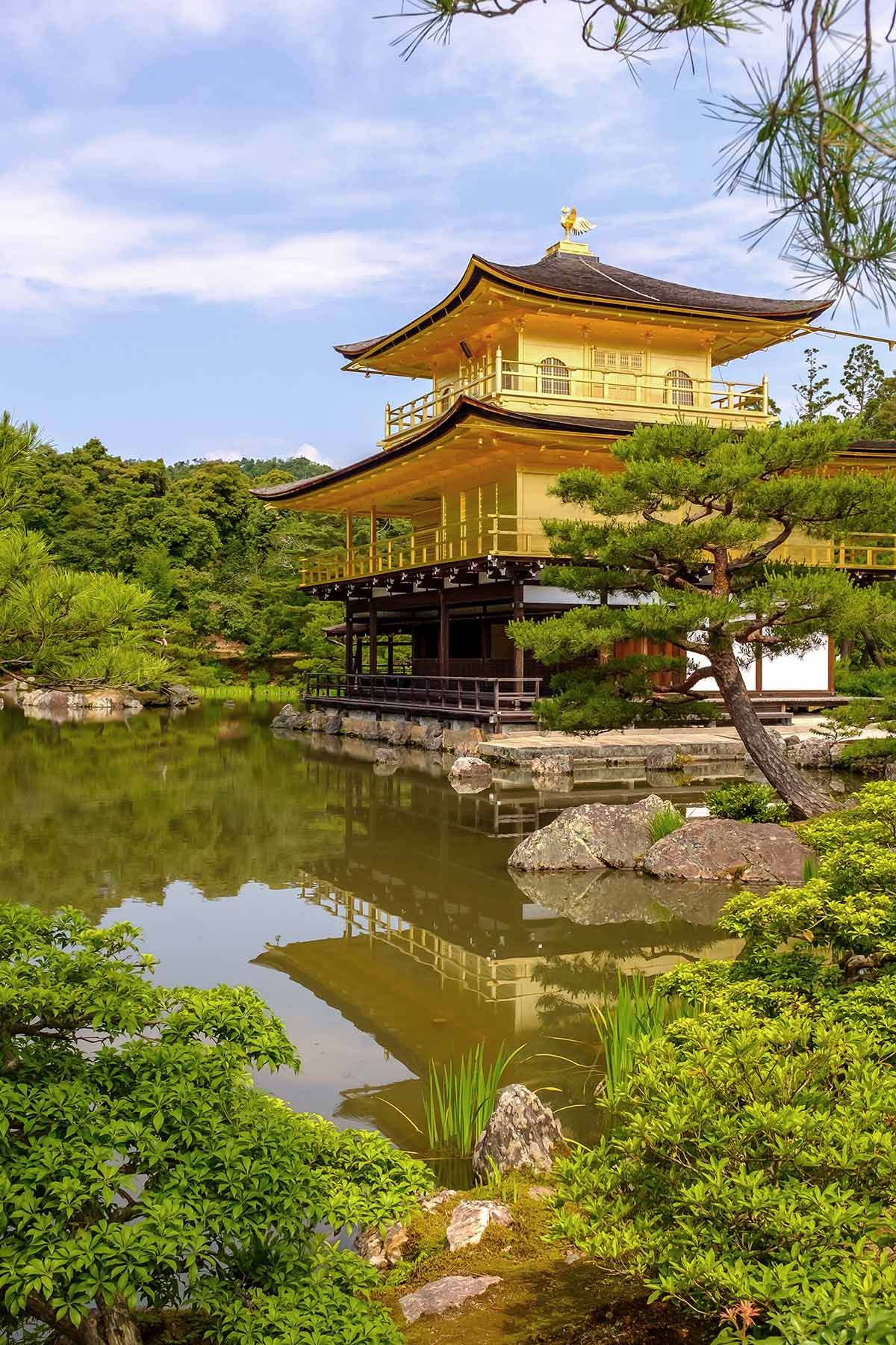 Kinkaku-ji Golden Pavilion temple covered in gold leaf reflecting in a still pond, Kyoto Japan